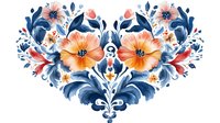 Symmetrical floral heart arrangement with orange poppies and navy blue leaves in watercolor style, decorative folk art motif on white background.