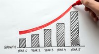 Hand drawing red upward arrow over business growth chart showing five-year progress bars on white background for presentations and reports.