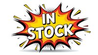 Comic book style explosion burst with IN STOCK text in bold letters. Pop art design with red yellow colors and halftone dots for retail marketing campaigns.