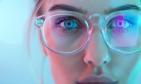 Close up portrait of young woman wearing glasses illuminated by vibrant neon pink and blue lights creating dramatic cyberpunk atmosphere and heterochromatic effect.