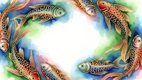 Colorful koi fish swimming in circular pattern with watercolor background creating frame with copy space for text and design elements.