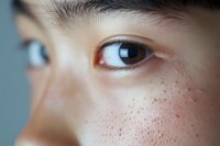 Close up macro shot of Asian female eye with natural freckles on soft skin against blue background, beauty and skincare concept for natural look and authenticity.