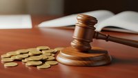 Wooden gavel with golden coins on desk next to open law book representing legal fees, court costs, financial litigation, and justice system expenses.