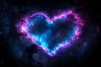 Heart-shaped cosmic nebula glowing with vibrant pink and blue colors against dark space background, stars twinkling in deep universe. Romantic astronomy concept.