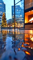 Cozy winter evening view through rain-covered window with illuminated Christmas tree and fireplace reflections on wet surface against blurred city lights background.