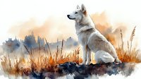 White wolf sitting alert in autumn grassland against moody watercolor sky, artistic nature illustration with golden wheat stalks and misty background.