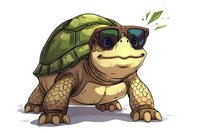 Cool cartoon tortoise wearing sunglasses with green shell and friendly expression, hand drawn style character on white background. Suitable for children's books.