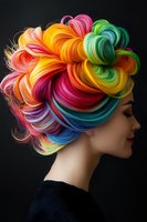 Vibrant rainbow-colored hair styled in an artistic updo against dark background, showcasing modern hair coloring techniques and creative hairstyling for salon inspiration.