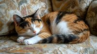 Sleepy calico cat with orange, white and black fur curled up on vintage floral pattern sofa. Cozy domestic pet resting in soft natural window light.