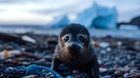 Young seal pup with large dark eyes and whiskered face on rocky beach at dusk, blue glacial ice formations in background creates dramatic wildlife scene.