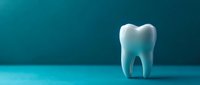 Glossy white tooth model isolated on turquoise background, suitable for dental care, orthodontics, and healthcare marketing materials.