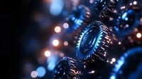 Industrial metal gears with blue lighting and bokeh effects create dramatic mechanical composition showing technology and engineering precision in motion.