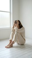 Young woman in white pajamas sitting on floor holding head in hands showing stress depression anxiety mental health struggles by bright window.