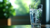 Fresh water pouring into clear glass with dynamic splash and bubbles against blurred green natural background, capturing refreshing drink moment in soft light.