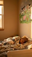 Young child sleeping peacefully in cozy bedroom with farm animal wall decal and warm morning sunlight streaming through window creating serene atmosphere.