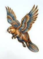 Winged beaver with ornate feathers and decorative blue and gold patterns, isolated on white background. Suitable for fantasy artwork, t-shirt design, and creative projects.