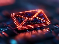 Glowing red neon email symbol on computer circuit board with digital technology elements, representing electronic communication and messaging systems.