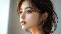 Close-up portrait of young Asian woman with soft makeup and wavy brown hair against neutral background, showcasing natural beauty in soft lighting.