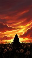 Silhouetted figure sitting in dandelion field at dramatic sunset with vibrant orange and yellow sky, conveying solitude, contemplation, and peaceful reflection in nature.