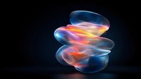 Luminous abstract spiral shape with translucent layers in blue, orange and pink colors glowing against dark background, creating ethereal flowing light effect.