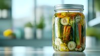 Fresh pickled vegetables in glass mason jar with cucumbers, carrots and celery on kitchen counter. Homemade fermented food preservation concept.
