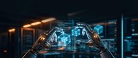 Robotic hands manipulating holographic data cubes in futuristic digital interface with glowing blue technology elements in dark server room environment.