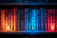 Row of vintage books on wooden shelf illuminated by warm candlelight and cool blue light creating magical atmospheric library scene with fantasy mood.