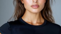 Young Asian woman with natural makeup and glossy lips wearing black basic t-shirt against gray background, cropped portrait showing confident modern style.