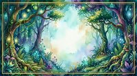 Enchanted forest frame with magical glowing lights and lush vegetation creating mystical portal entrance for fantasy storytelling and gaming designs.