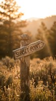 Rustic wooden signpost pointing to Sunset Point in golden hour light with warm bokeh and wildflowers in peaceful countryside setting for travel concepts.