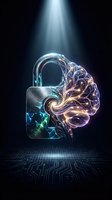 Glowing neon brain emerging from digital padlock with circuit board patterns and light rays, representing cybersecurity, artificial intelligence, and data protection technology concepts.