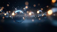 Floating soap bubbles against dark background with bokeh lights creating magical atmosphere. Macro photography with soft focus and dreamy effect.
