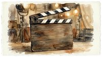 Vintage film clapper board with worn wooden texture surrounded by studio lighting equipment and production gear in warm, muted tones. Suitable for film, cinema, and media production projects.
