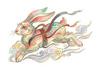 Colorful Asian-style rabbit leaping through clouds with ornate floral patterns and gold accents, isolated on transparent background, ready for stickers, T-shirts, and print on demand.