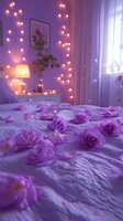 Romantic bedroom with purple roses scattered on bed and warm fairy lights creating cozy atmosphere for Valentine's Day celebration and intimate moments.