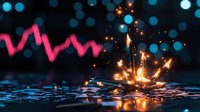 Burning sparkler on wet reflective surface with pink neon wave and blue bokeh lights in background creates magical nighttime atmosphere.