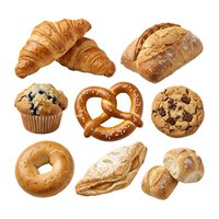 Assorted fresh baked goods including croissants, bread, muffin, pretzel, donut and cookies isolated on white background for bakery, cafe and food design projects.