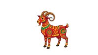 Colorful decorative goat with ornate patterns and floral motifs on white background. Folk art style animal illustration for zodiac, cultural designs.