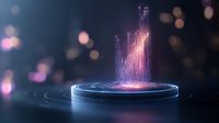 Glowing holographic projection rises from circular platform with purple and blue light effects against dark background with bokeh lights.
