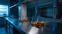 Modern laboratory with amber liquid samples in glass flasks on steel counter for scientific research and chemical analysis testing.