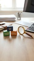 Financial planning concept with wooden blocks showing credit risk, insurance planning, consumer protection and magnifying glass on office desk.