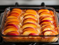 Fresh peach slices arranged in rows on golden caramelized butter and brown sugar base in glass baking dish, homemade dessert preparation in progress.