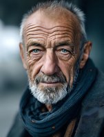 Weathered elderly Caucasian man with piercing blue eyes and gray beard wearing dark scarf, close-up portrait showing deep wrinkles and life experience.