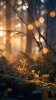 Dreamy forest scene with golden bokeh lights filtering through trees and small wildflowers growing on mossy rocks creating magical atmospheric mood.