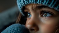 Young woman with striking blue eyes wearing knitted winter hat in dramatic close-up portrait, soft natural lighting creates mysterious atmospheric mood.