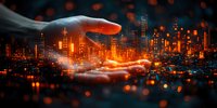 Futuristic cityscape with glowing orange lights and digital technology concept showing hand controlling smart city infrastructure at night. Urban innovation panorama.