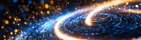 Glowing spiral galaxy with bright blue and orange light trails against dark space background, cosmic energy streams and bokeh particles creating dynamic motion.