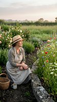 Mature Caucasian woman gardener in straw hat and apron kneeling by wildflower garden at sunset with basket and mug enjoying peaceful countryside moment.