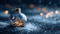 Silver Christmas ornament with glowing light inside resting on snowy surface against blurred bokeh background. Festive winter holiday decoration.