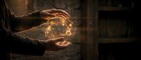 Hands holding glowing orb with golden light particles, representing innovation, technology, energy, and future concepts for business and digital design projects.